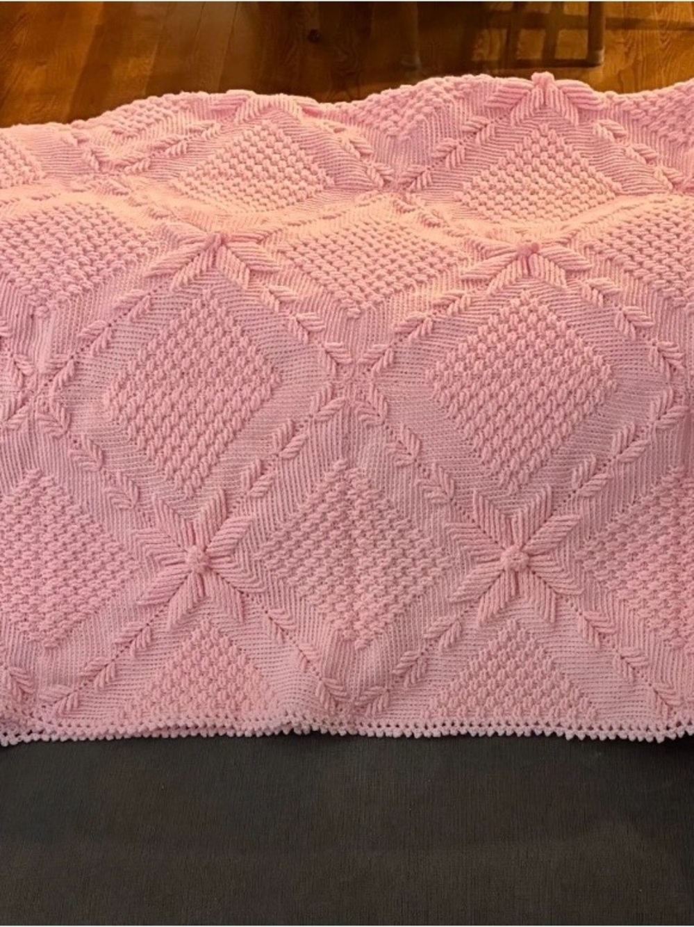 Vintage Light Pink Knit Afghan- Unique Intricate Design